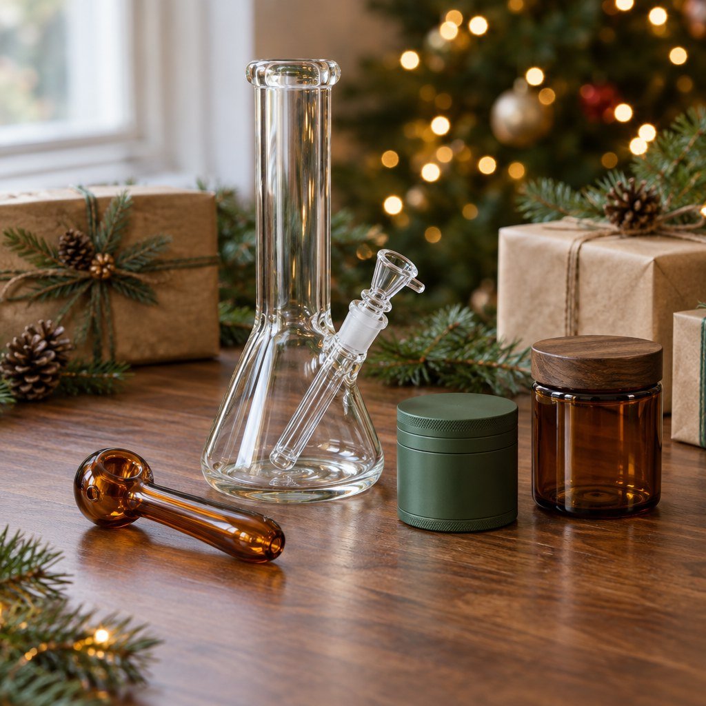Christmas gift arrangement featuring glass accessories, a grinder and a storage jar.